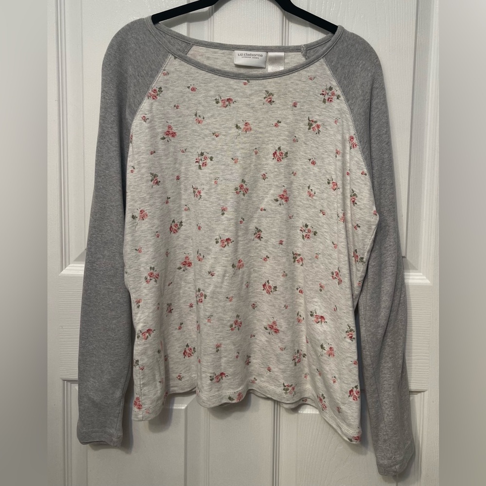 Liz Claiborne Heather Gray and Pink Floral Long Sleeve Comfy Tee